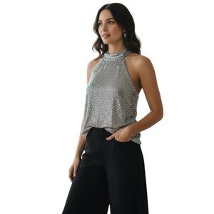 Cable & Gage Lunar Silver Sequin Halter Top, Sz. S